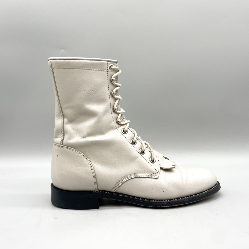 Justin Womens 6B Lace Up Kiltie Western Cowgirl Boots White Leather VTG USA Boho